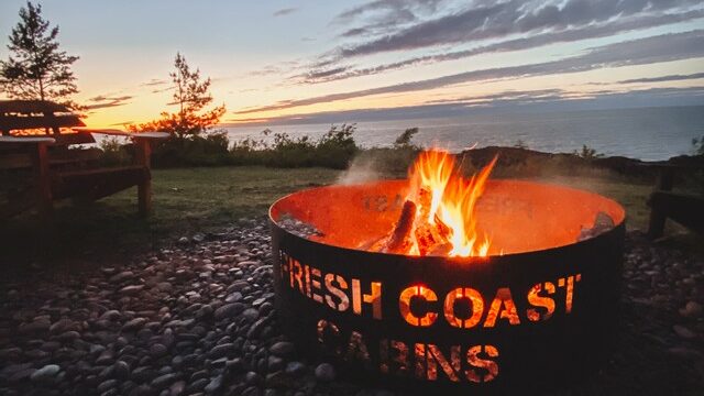 The shared bonfire ring at Fresh Coast Cabins on the Keweenaw Peninsula.